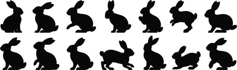 Set of black rabbit silhouettes in various sitting, jumping, and standing poses, isolated on a white background, for nature © Bappy