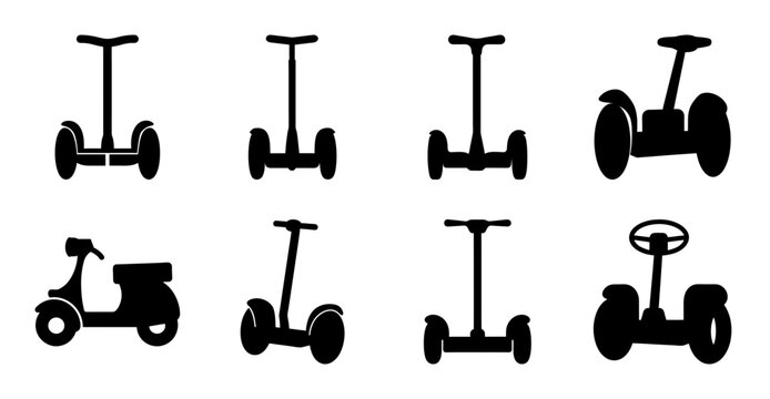 Six different self-balancing electric scooters icon set - Simple black and white vector icons showing six types of self-balancing electric scooters with variations in design and structure.