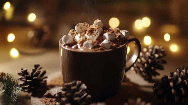 A hot drink is served in a cup filled with marshmallows and surrounded by pine cones. Soft lights shine in the background giving a warm feeling during winter