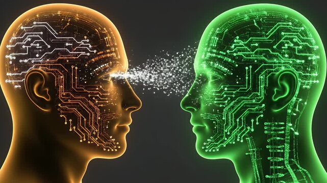Artificial intelligence heads transferring digital data between human minds