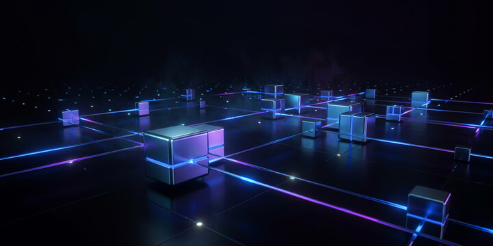 Abstract digital network concept featuring glowing data blocks connected by neon light streams on dark surface connection technology internet abstract communication infrastructure computing