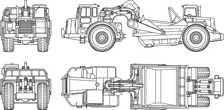 Technical drawing of a heavy earthmoving scraper vehicle in multiple orthographic projections for engineering and construction design