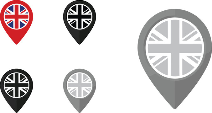 United Kingdom location pin map marker flag icon set in red black and grey colors vector