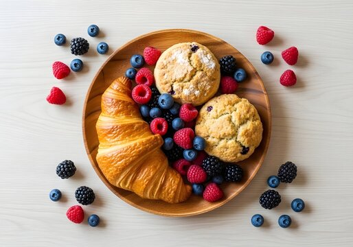 Fresh croissant and scones with mixed berries on a round wooden plate for breakfast