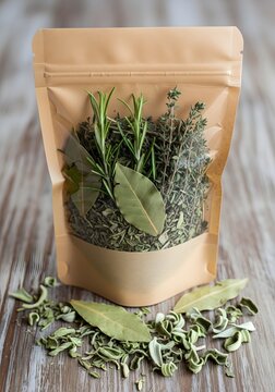 Fresh organic dried herbs in a paper pouch with rosemary, thyme, and bay leaves