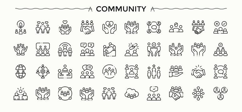Community linear icon set. Minimalist linear icons. Collaboration linear icon collection. Pack of unity, social, support, human and more.
