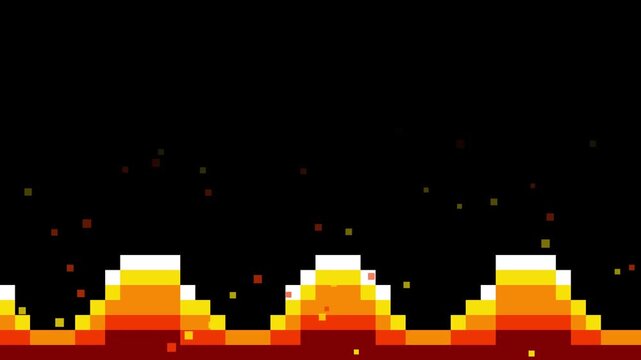 Retro pixel art fire flames or glowing waves animation on black background for vintage video game aesthetics