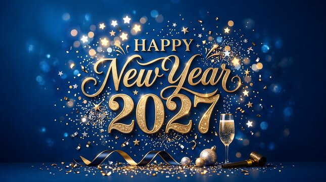Happy new year 2027 wishing card with gold typography  with beautiful glowing background