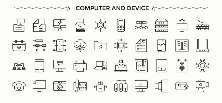 Computer And Device line icon set. Electronic Device icon set. Contains such icons as hardware, laptop, tech, pc, computer, smartphone, digital and more. Editable stroke vector art.