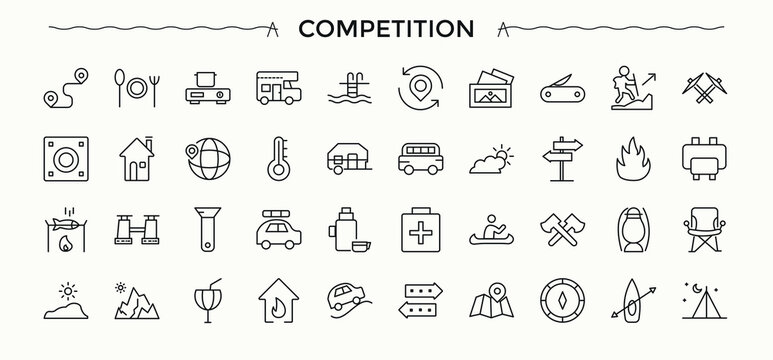 Competition icon collection. Thin UI icons. Contain linear sign champ, fight, rival, feat, sports. Editable vector art. Rival vector line icon set.
