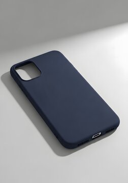 Minimalist dark blue smartphone case on a clean white surface with soft light shadow