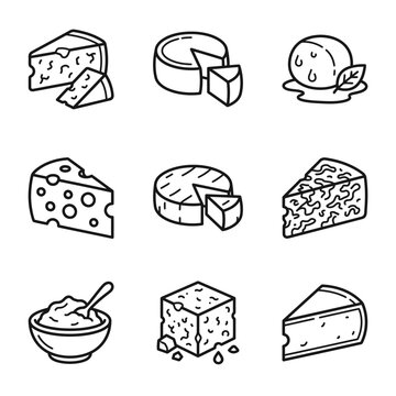 Assorted Cheese Icons: Dairy Products Collection, Food Illustrations, Vector Graphics