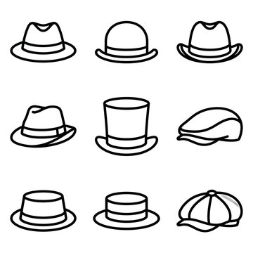 Collection of diverse hat icons, vector art, simple outlines on white background