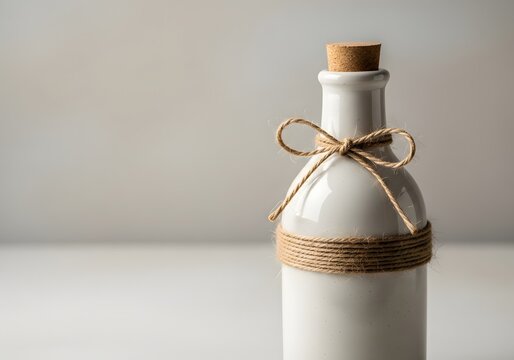 Minimalist white ceramic bottle with rustic twine bow and cork stopper on a table