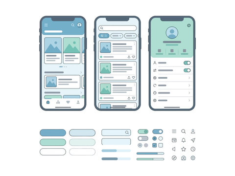 Mobile UI kit with smartphone wireframes, flat user interface design elements, app prototype layout vector set
