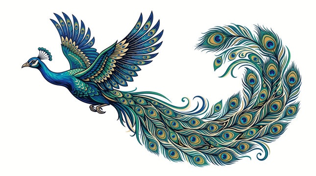 Majestic Flying Peacock Vector Illustration with Flowing Colorful Tail Feathers Isolated on White