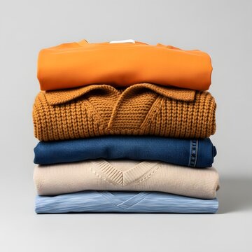 Neatly folded stack of cozy warm sweaters and denim clothing on a neutral background