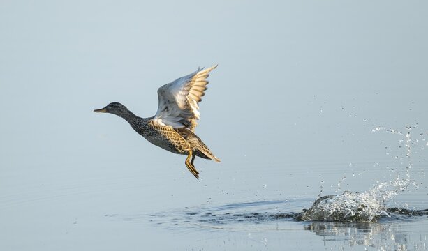 Gadwall (Mareca strepera), female in flight, Lower Saxony, Germany