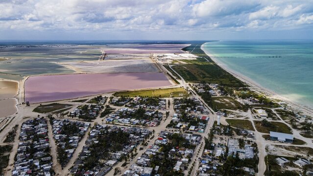 Aerial of the colourful salinas of Las Coloradas, Yucatan, Mexico
