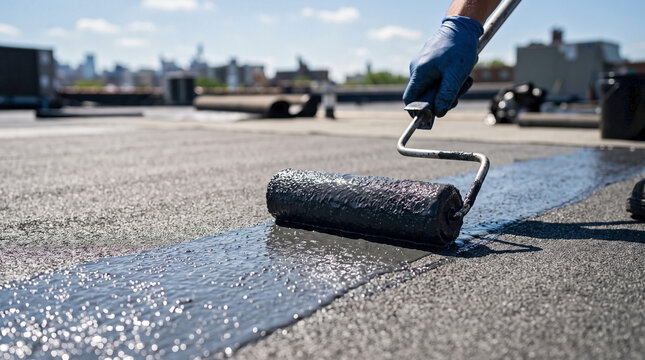 Hand applying elastomeric roof sealant with roller, sunlight on liquid membrane for flat roof coating blogs, building envelope solutions, commercial roof repair, and property maintenance websites.
