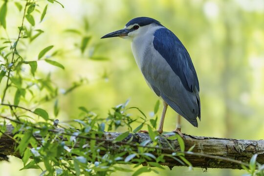 A bird with blue plumage sits on a branch surrounded by green foliage in daylight, Night Heron (Nycticorax nycticorax) France