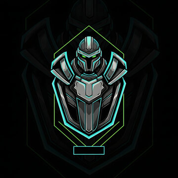 Futuristic warrior mascot logo design with glowing neon armor elements on a dark background.