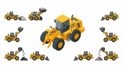 Collection of yellow construction vehicles in various poses. © sengkuni