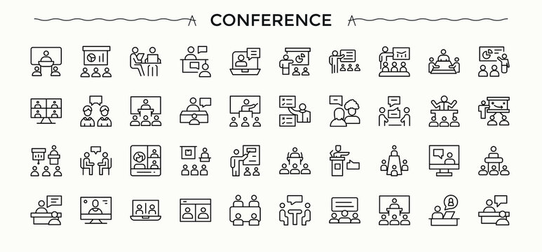 Conference simple icon set. Contains outline symbols like team, training, presentation, meeting, group and more. Seminar icon set. Outline icons pack. Vector illustration.