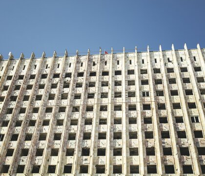 Facade of destroyed parliament building in Suchumi, Abkhazia, Georgia