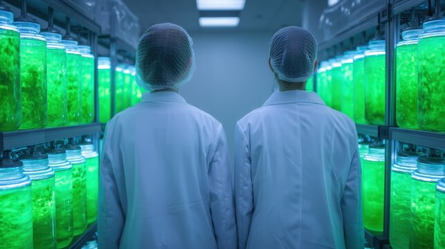 Two scientists in lab coats and hairnets observe glowing green plants growing in jars in a high-tech laboratory setting.