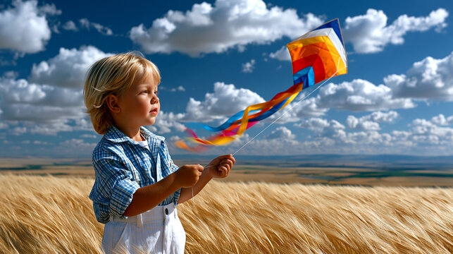 Young boy holding a kite string with a colorful kite flying in a wide-open field under a cloudy blue sky.