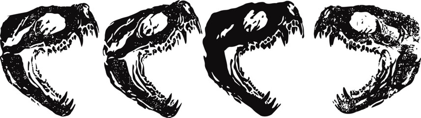 Obraz premium Four black and white skull illustrations of a prehistoric reptile, detailed bone drawings in sequence
