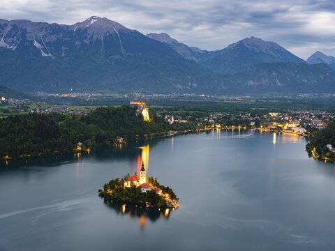 Blejski Otok Island with St. Mary's Church, Lake Bled, Karavanke, Bled, Upper Carniola Region, Slovenia
