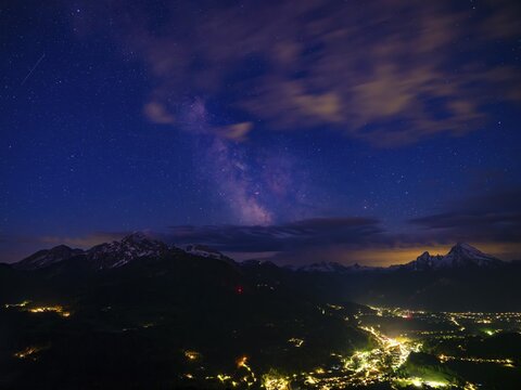 Milky Way over the valley basin of Berchtesgaden, behind Hoher G&ouml;ll, Steinernes Meer and Watzmann, Berchtesgadener Land, Upper Bavaria, Bavaria, Germany