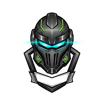 Futuristic robotic soldier helmet mascot logo design with glowing blue visor and green accents.