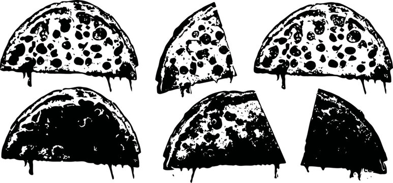 Six black and white pizza slices in ink sketch style, hand drawn fast food illustration