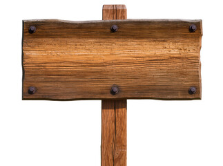 Isolated aged wooden signpost with a blank board attached by rusty metal bolts and texture © Conor
