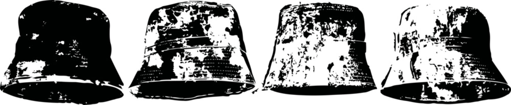 Four old metal buckets with worn texture and patina, arranged in a row on white background