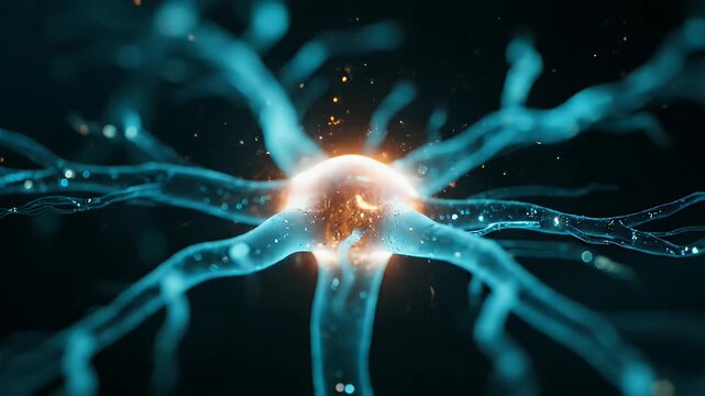 Neuron cell activation with glowing electrical impulses and synaptic connections