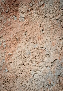Weathered rustic wall texture with cracked plaster and peeling paint in warm earth tones