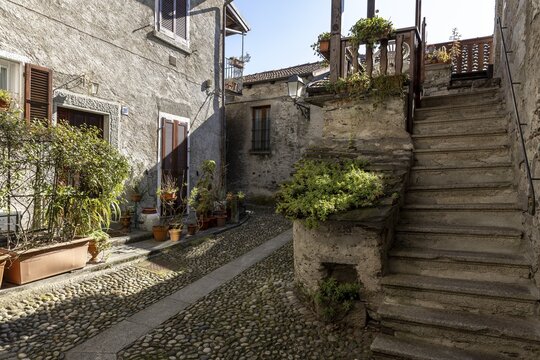 Alley with stairs, Mergozzo, Lago di Mergozzo, Piedmont, Italy