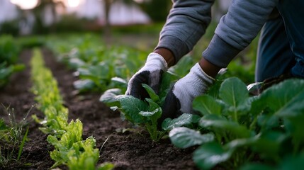 Fototapeta premium A person wearing gardening gloves tends to young green plants growing in neat rows of dark soil under soft morning light