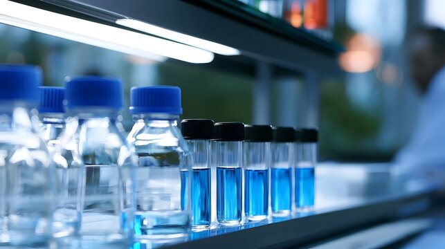 Rows of test tubes filled with blue liquid sit beside clear bottles on a lab bench under bright overhead lighting