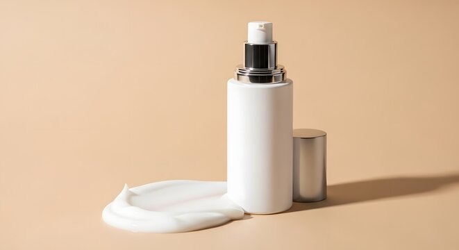 White cosmetic pump bottle with cream texture smear on a neutral beige background