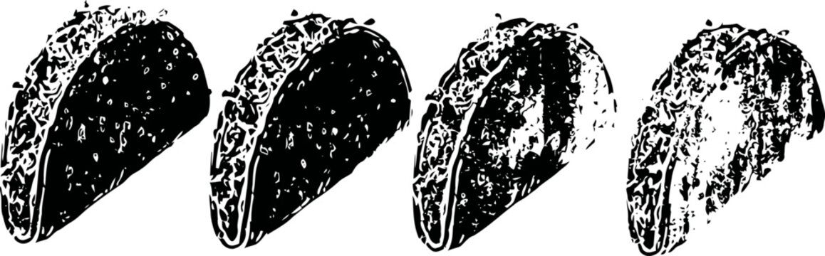 Four crunchy tacos with various fillings arranged in a row