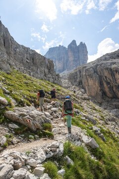 Climbers on a hiking trail, rocky mountain landscape, Via Ferrata SOSAT via ferrata, Brenta Mountains, Trentino, Italy