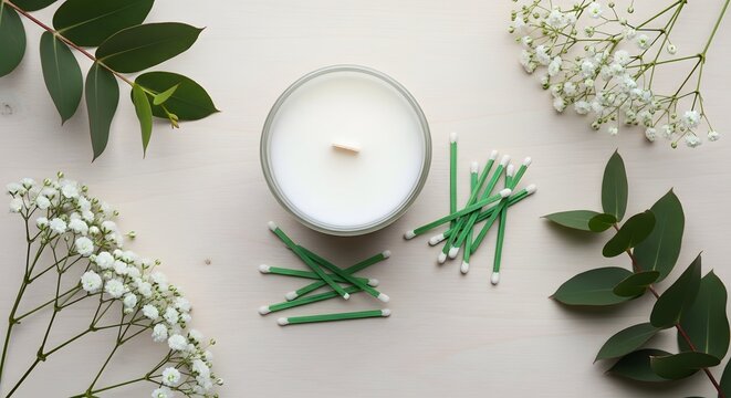 Aromatic scented candle with green matches and delicate white flowers on light table