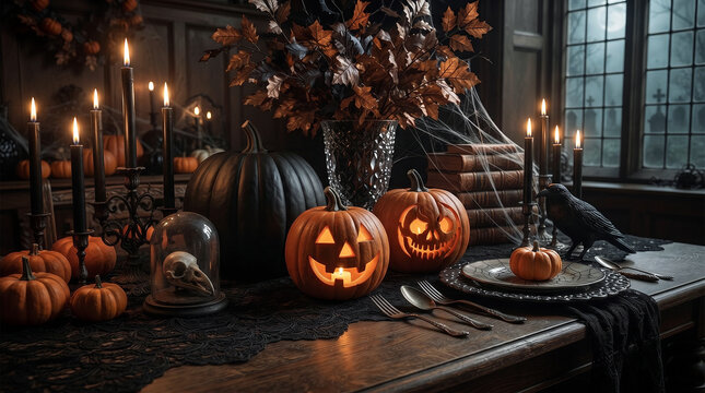 Elegant Halloween Pumpkin Decoration with Candles and Cozy Autumn Interior Scene, 