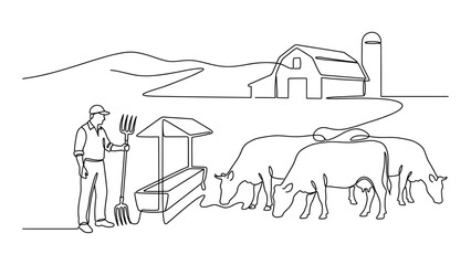 Obraz premium Continuous line drawing of a farmer feeding cattle on a farm