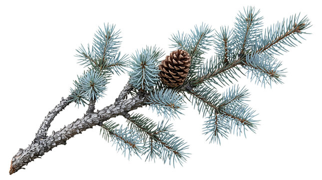 Detailed blue spruce pine branch featuring a single textured brown cone showcased in high resolution botanical style on transparent background